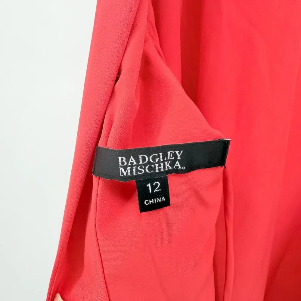 Badgley Mischka Coral Pink Dramatic Cascade Ruffle Backless Evening Gown 12